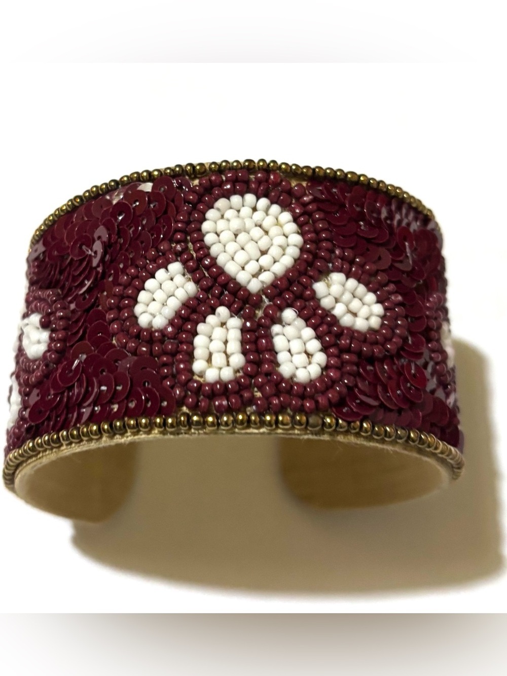 Embellished Burgundy and White Beaded Cuff Bracelet